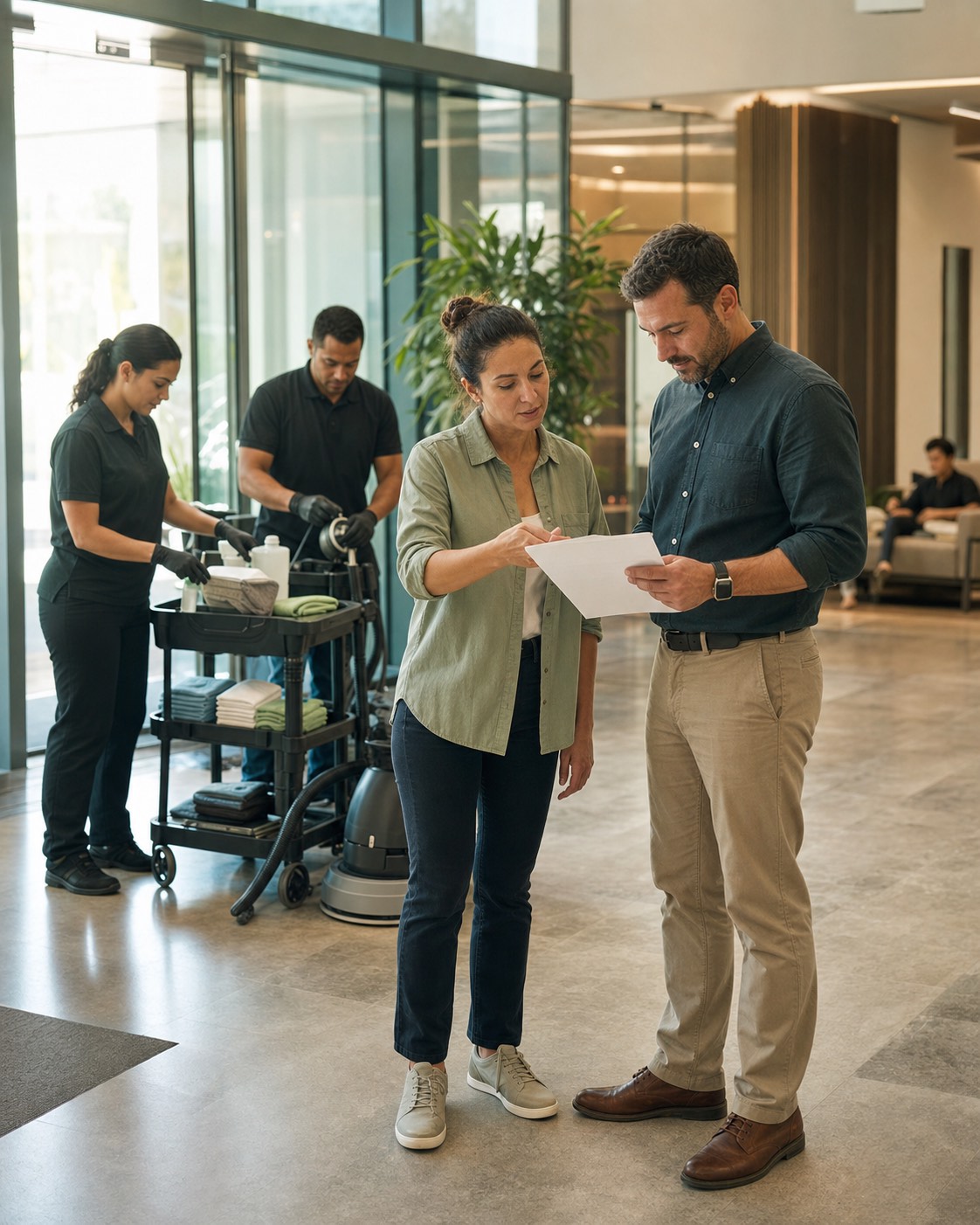Commercial cleaning owner reviewing a walkthrough checklist with a crew lead beside a supply cart in an office lobby.