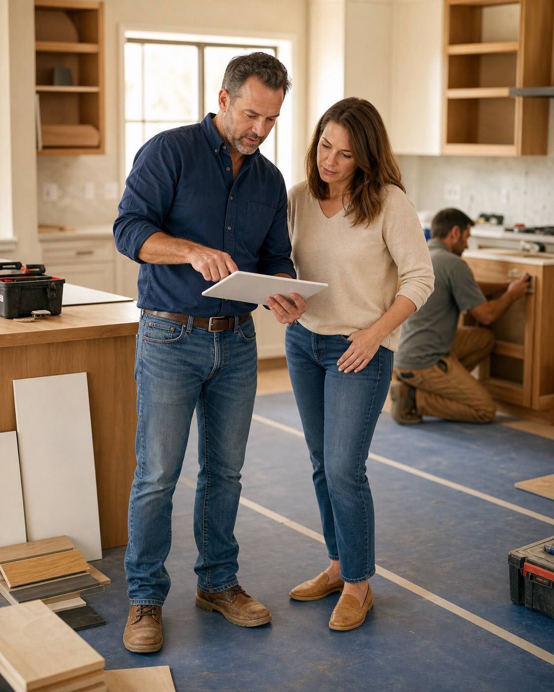 Remodeler and homeowner reviewing finish details during a kitchen renovation while a crew member works nearby.