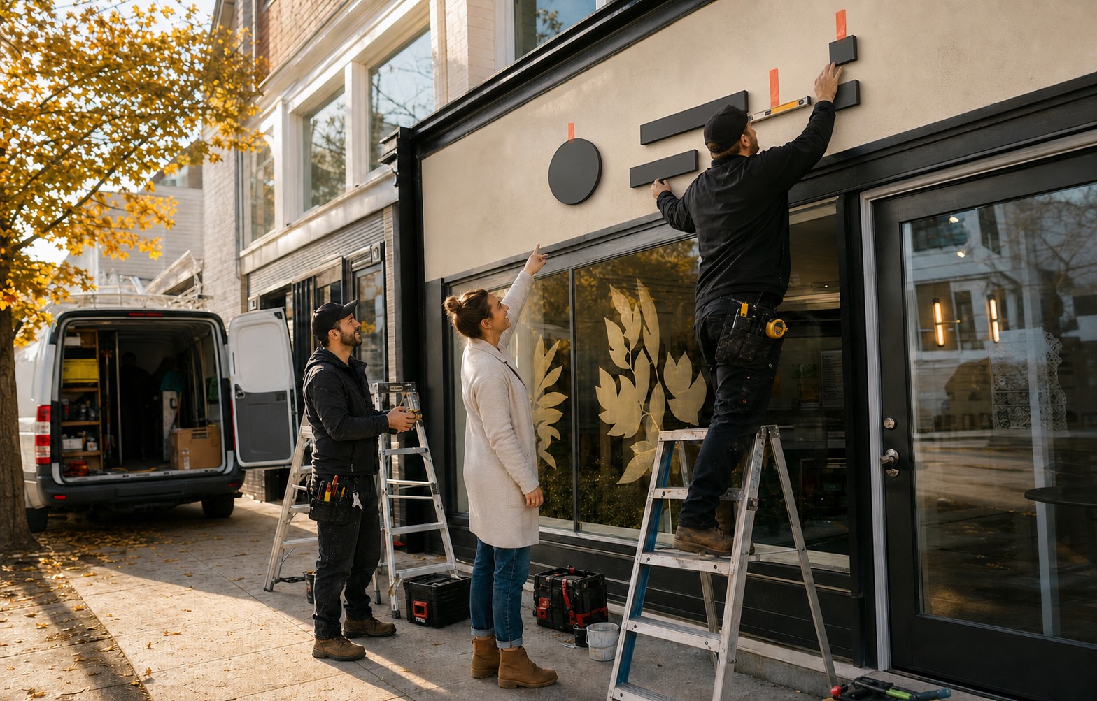 Two sign installers align abstract dimensional graphics on a storefront while a client checks the placement.